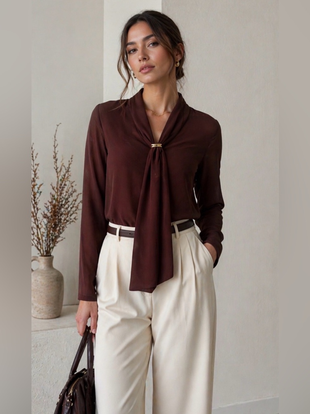 New! NWT Zara Deep Burgandy Tie-Neck Blouse with Gold Ring